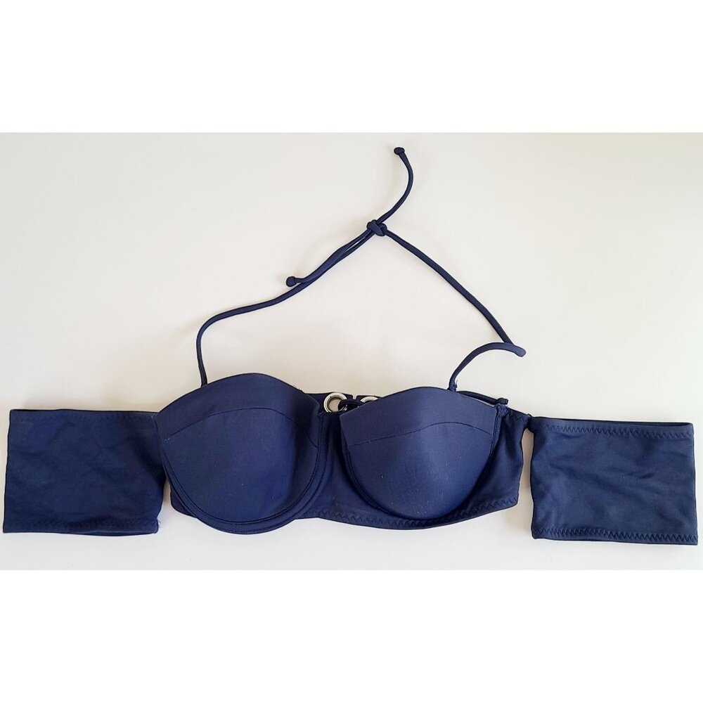 Yandy Navy Blue Bandeau Bikini Top With Halter Strap & Lace-Up Back